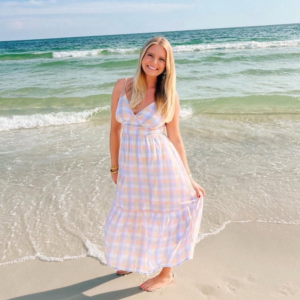 Jessica Simpson Checked Plaid Sleeveless A-Line Midi Dress Pastel Sz Large